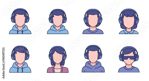 Set of diverse faceless avatars wearing headphones for music, podcast, or online communication profile icons, modern flat design illustration