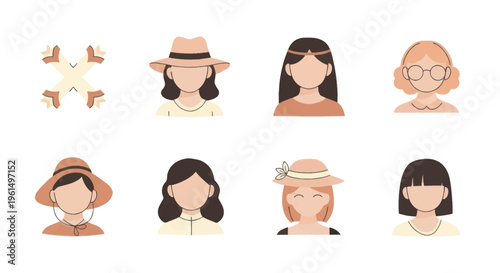Set of diverse female avatar icons with different hairstyles and accessories, perfect for profile design and social media use