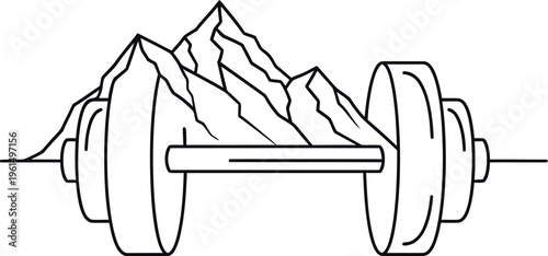 Minimalist line art illustration fusing a classic heavy dumbbell with rugged mountain peaks, symbolizing strength, endurance, and the challenging journey to achieve peak physical fitness goals.
