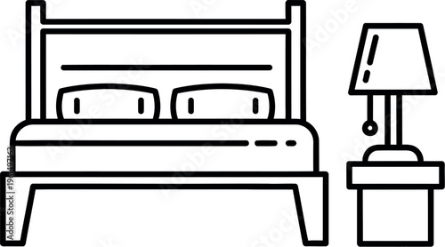 Simple black and white line art icon representing a cozy double bed complete with two pillows and an adjacent nightstand holding a table lamp.