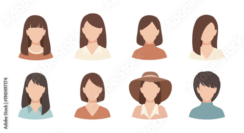 Set of eight faceless female avatars with different hairstyles and clothing in flat style, ideal for profile icons or social media use