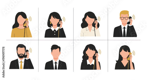 Set of diverse professional business people talking on corded telephones, communication and customer support concept illustration