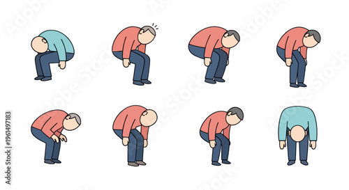 Set of elderly man cartoon characters showing tired and bent posture, senior health and fatigue concepts, useful for medical or retirement illustrations
