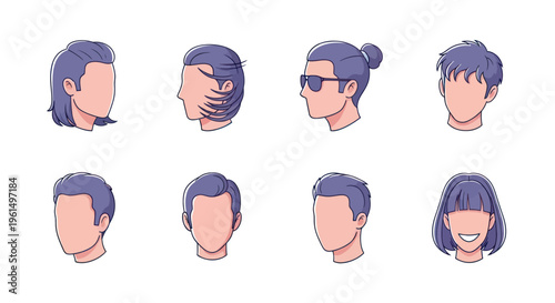 Set of faceless cartoon male and female hairstyles with various trendy and classic haircuts, perfect for character design and avatar creation