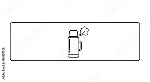 Black and white line art illustration of a steaming thermos bottle for hot beverages