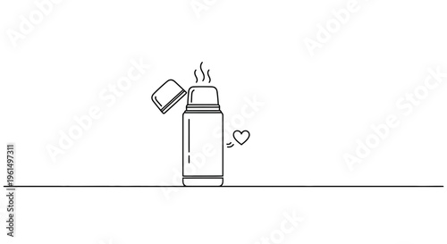 Minimalist line illustration of a steaming thermos bottle with an open cap, symbolizing warmth and