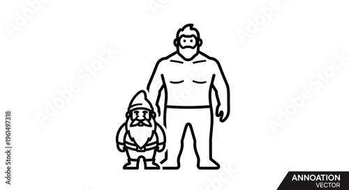 Line art illustration depicting a towering muscular man with a beard standing next to a tiny