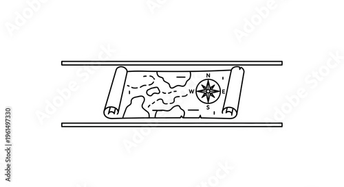 Minimalist black line art vector of a rolled exploration map with a compass rose for journey