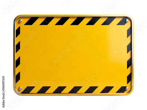 A yellow metal plate with black and yellow stripes isolated on transparent background