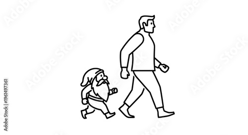 Stylized depiction of two distinct characters, a tall man and a small bearded gnome, moving