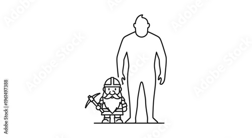 A captivating line art illustration contrasting a small bearded miner figure with a towering human