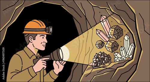 Man in hard hat examining minerals.