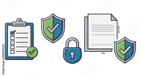 Security icons with padlock and shields.