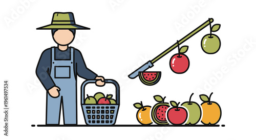 Man in overalls holding fruit basket.