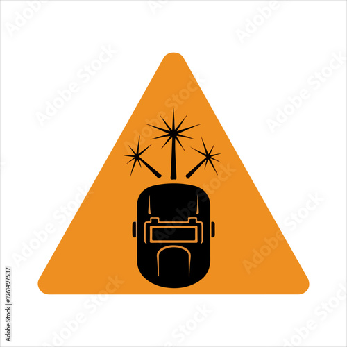 Welding hazard warning sign with sparks and protective mask.