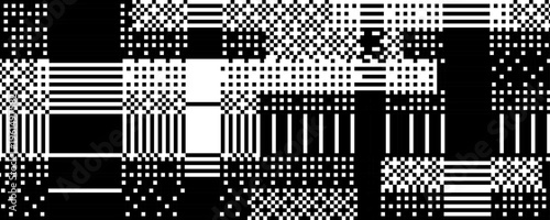 Black and white dither pattern wallpaper. Glitched pixel grunge texture. Retro bitmap distressed video game backdrop. 8 bit abstract glitch distorted background. Vector rippled pixelated screen