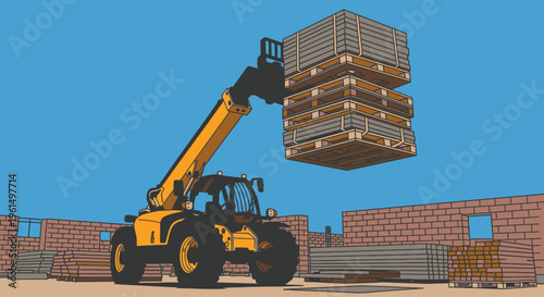 Yellow construction forklift lifting bricks.