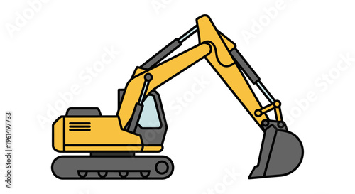 Yellow excavator machine with bucket.