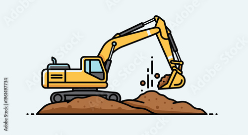 Yellow excavator digging into brown dirt.