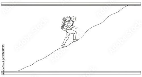 Monoline illustration of a determined hiker with backpack ascending a challenging outdoor path