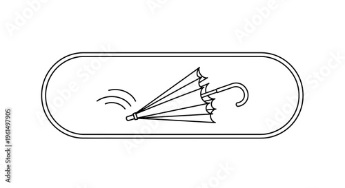 Simple black and white line art depicting an umbrella caught in a strong gust of wind icon
