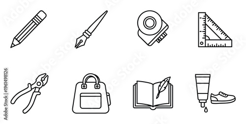 Set of linear vector art and design equipment supplies tool for drawing and painting