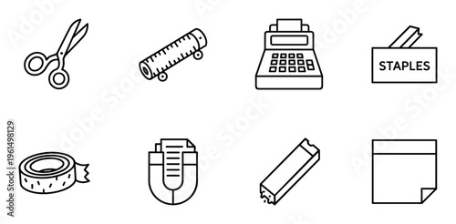 Set of outline office supply icons including scissors ruler cash register and adhesive tape roll icon