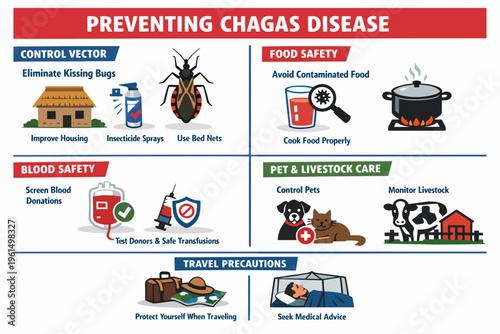 Professional medical infographic elements featuring preventative measures against Chagas disease transmission