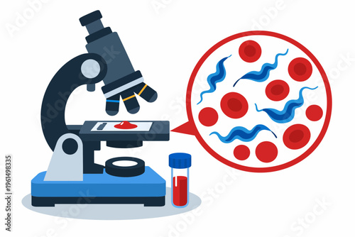 Flat design illustration of a microscope examining a blood sample with Chagas parasites