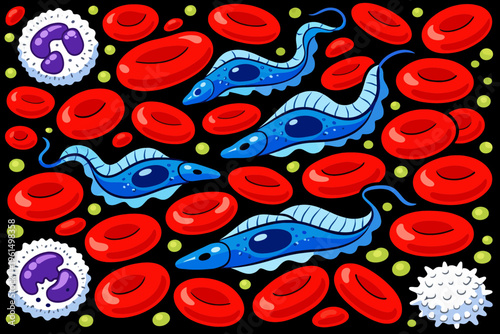 Detailed illustration of Trypanosoma cruzi protozoan parasite moving through human blood cells