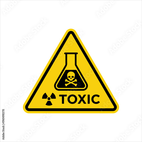 Yellow triangular warning sign with toxic and radiation symbols.