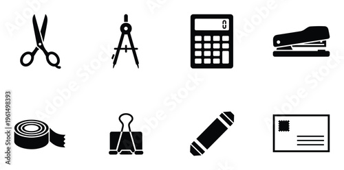 Solid office equipment icons featuring compass calculator stapler binder clip and envelope silhouette