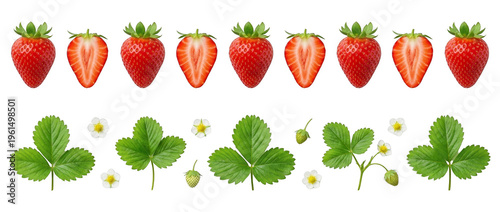 Strawberries and leaves on black background