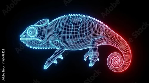 Wireframe Chameleon Hologram Glowing Blue and Red on Black Background.