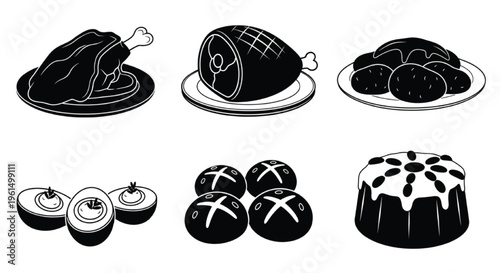 Easter Food Silhouette Icon Set Roast Ham Chicken Eggs Buns Cake Holiday Meal