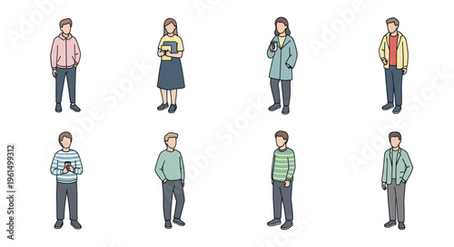 Group of faceless people standing and holding objects in casual clothing isolated on white background for business and social concepts