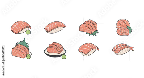 Hand drawn sushi and sashimi set with salmon, wasabi and leaves, Japanese food illustration, perfect for menu, recipe or restaurant design