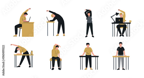 Office and desk stretching exercises for workers to improve posture and reduce fatigue, illustrated collection of people doing stretches at workplace