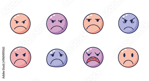 Set of cartoon angry and sad emoticons with various expressions in pastel colors, suitable for communication and digital messaging