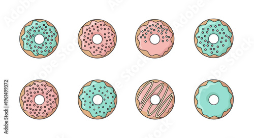 Set of colorful illustration donuts with pink and blue icing and sprinkles, cartoon style dessert icons for bakery or food design projects