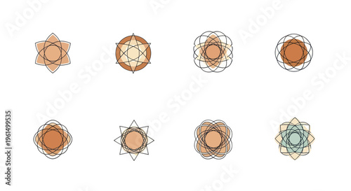 Abstract geometric shapes and flower-like patterns with overlapping circles and polygons in earthy tones, ideal for design and decorative projects