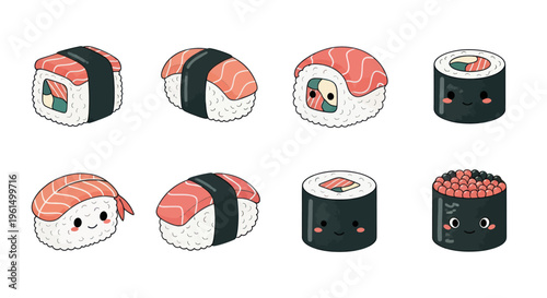 Cute kawaii sushi set with smiling faces cartoon illustration, Japanese food characters collection, perfect for menus and kids designs