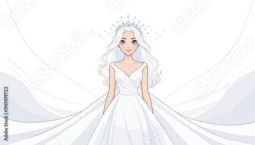 Graceful maiden with flowing white hair and an elegant gown, crowned with a sparkling tiara,