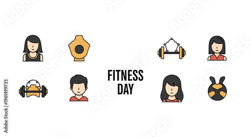Fitness Day concept with people icons and gym equipment including dumbbells and kettlebell, perfect for health and workout designs