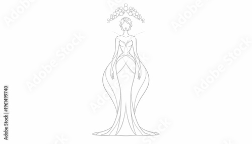 Elegant fantasy fashion illustration of a woman wearing a magnificent flowing gown and decorative