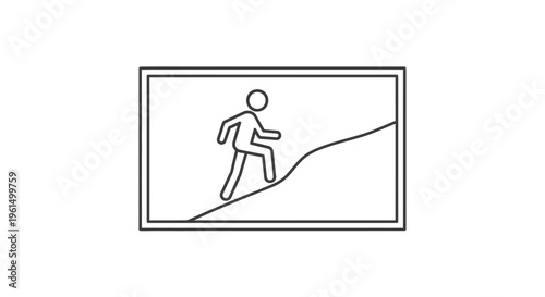 Simple line art depicting a human figure ascending an incline within a framed conceptual space