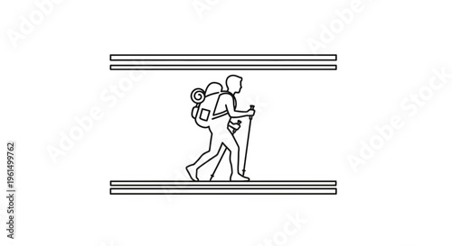 Minimalist line art illustration depicting a solitary figure engaged in an adventurous trek across