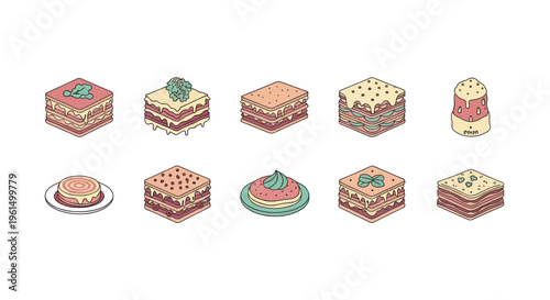 Hand drawn various types of lasagna illustrations with different toppings and layers, perfect for food menus, recipes, and culinary projects