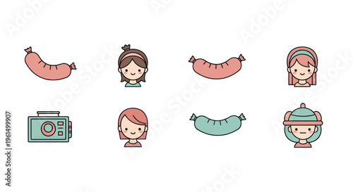 Set of cute cartoon avatars, sausages and a vintage radio icon in pastel colors, perfect for children?s content or playful design projects