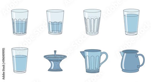 Set of different transparent and blue water glasses and pitchers isolated on white background, drinkware illustration for kitchen or dining design